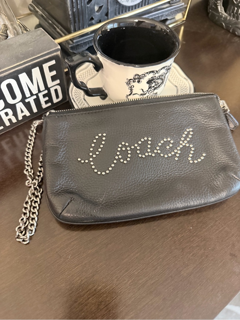 Coach Black Leather Studded Wristlet with Silver Chain